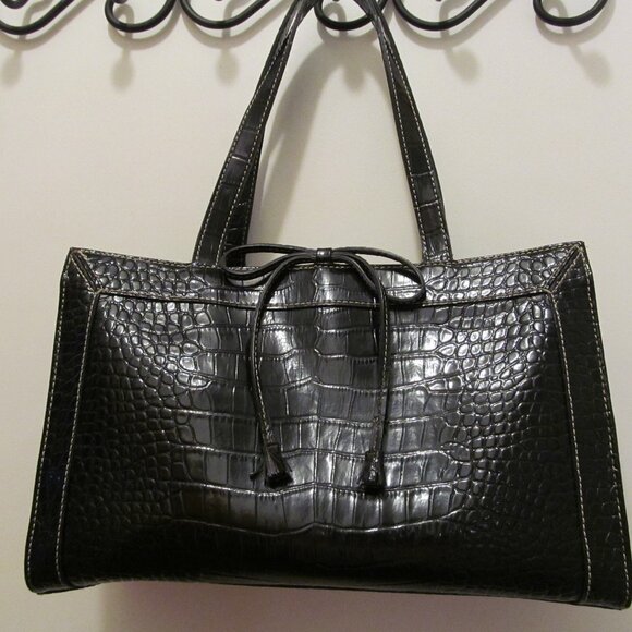 Liz Claiborne Purse Black Faux Croc Leather Bow Tassel w Bonus Cell Phone Holder - Picture 1 of 12